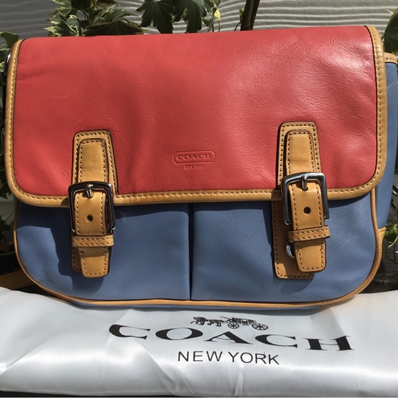 Coach Park Colorblock Crossbody Flap Bag Coral & Blue & Coach Dustbag - Picture 1 of 11
